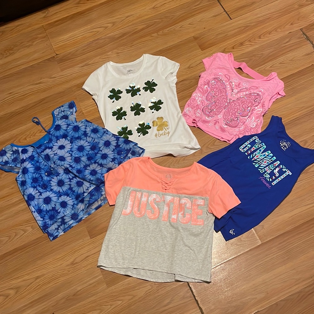 set a five size 12 girls justice shirts, bundle of short sleeve tops 😍